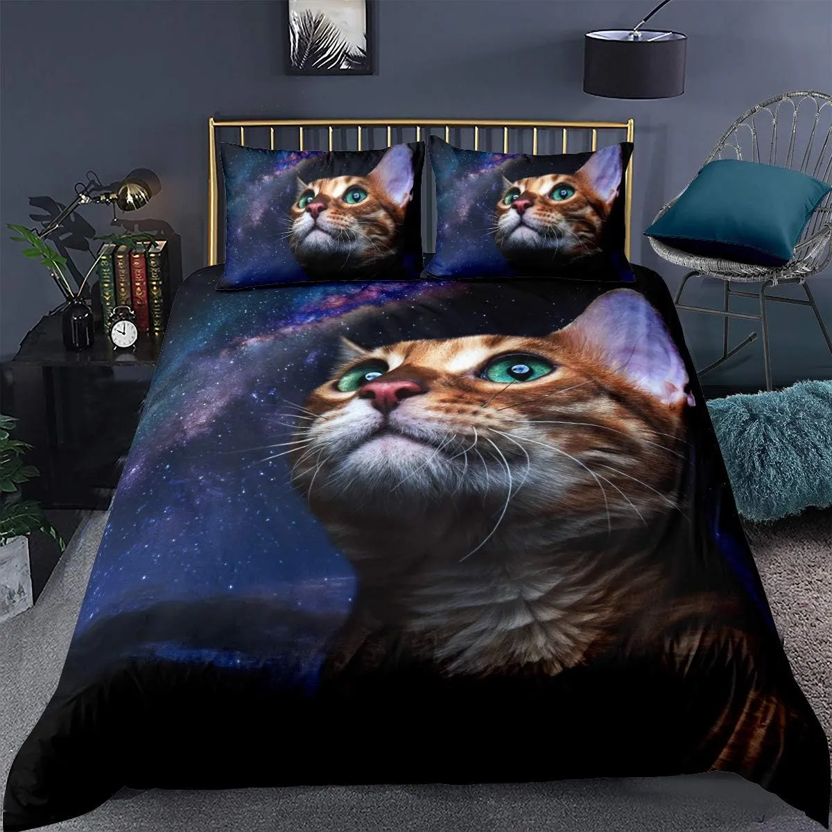Feelyou Cat Print Duvet Cover Set Full Size Bedding Set 3D Vivid Cats Print Comforter Cover with 2 Pillowcases Chic Lovely Pets Theme Breathable Galaxy Nebula Microfiber Bedspread Cover Zipper 3Pcs