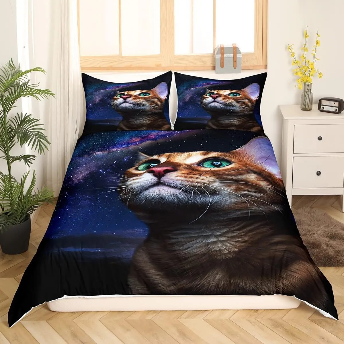 Feelyou Cat Print Duvet Cover Set Full Size Bedding Set 3D Vivid Cats Print Comforter Cover with 2 Pillowcases Chic Lovely Pets Theme Breathable Galaxy Nebula Microfiber Bedspread Cover Zipper 3Pcs