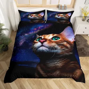 Feelyou Cat Print Duvet Cover Set Full Size Bedding Set 3D Vivid Cats Print Comforter Cover with 2 Pillowcases Chic Lovely Pets Theme Breathable Galaxy Nebula Microfiber Bedspread Cover Zipper 3Pcs
