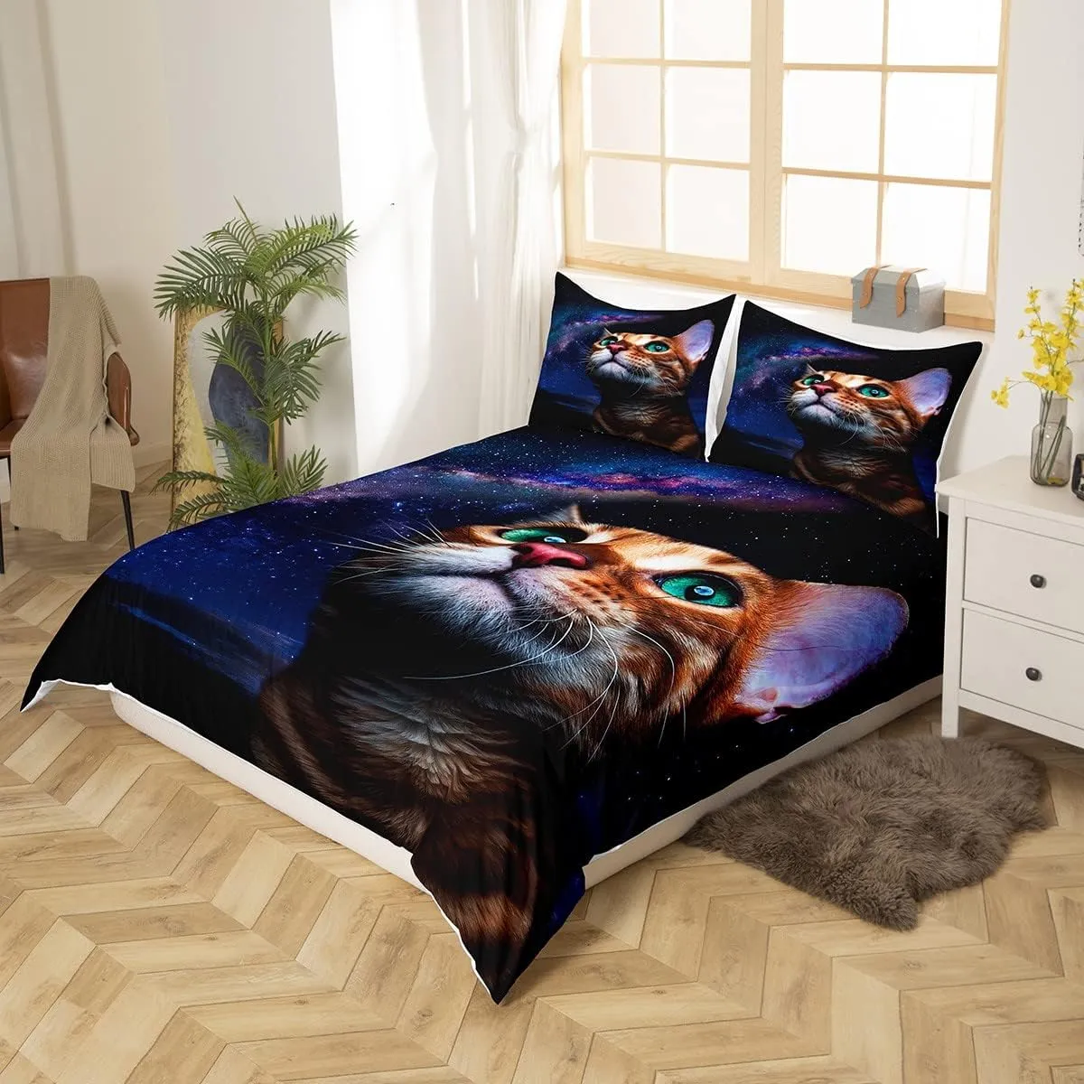 Feelyou Cat Print Duvet Cover Set Full Size Bedding Set 3D Vivid Cats Print Comforter Cover with 2 Pillowcases Chic Lovely Pets Theme Breathable Galaxy Nebula Microfiber Bedspread Cover Zipper 3Pcs