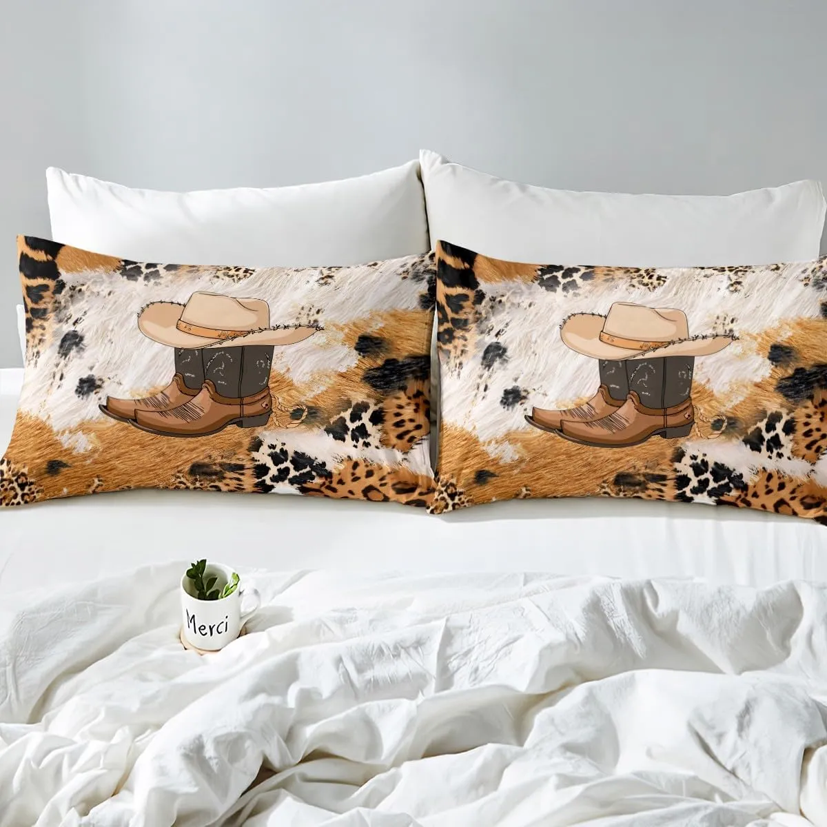 Feelyou Cowhide Duvet Cover Full, Western Cowboy Boots Bedding Set Leopard Print Comforter Cover Cowboy Bedspread Cover Microfiber Bed Set with 2 Pillow Case (No Comforter)