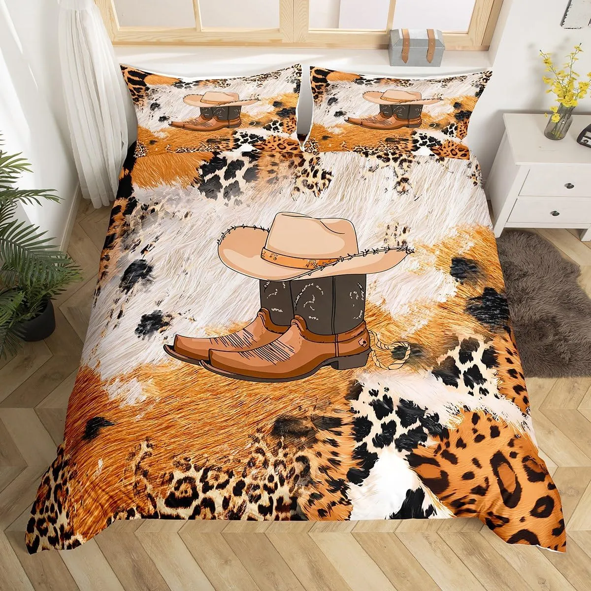 Feelyou Cowhide Duvet Cover Full, Western Cowboy Boots Bedding Set Leopard Print Comforter Cover Cowboy Bedspread Cover Microfiber Bed Set with 2 Pillow Case (No Comforter)