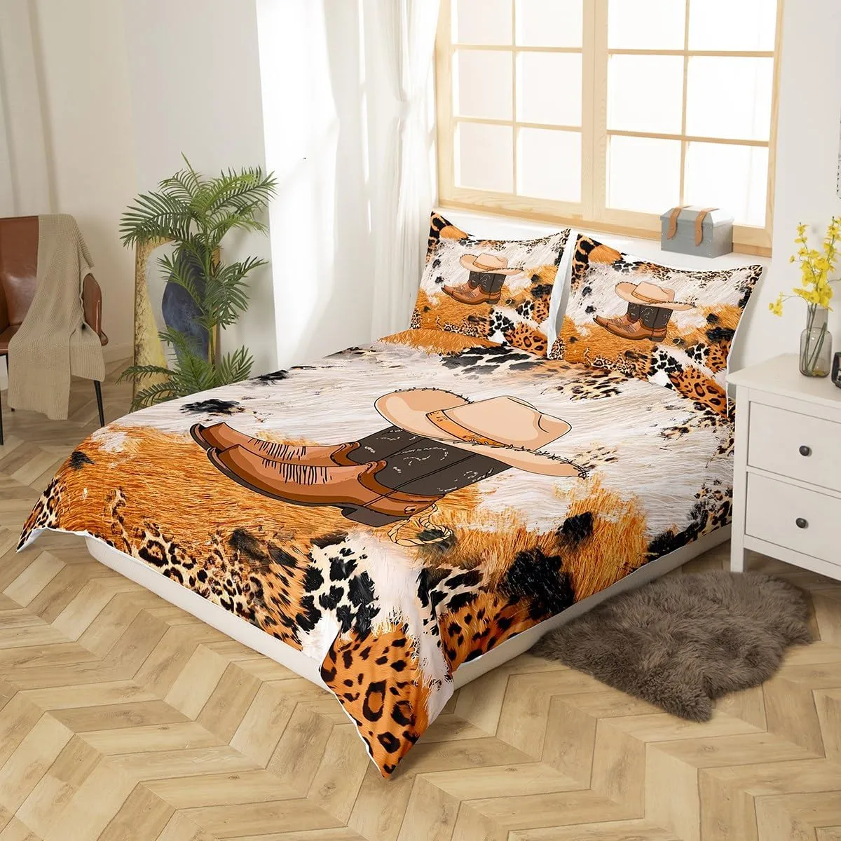 Feelyou Cowhide Duvet Cover Full, Western Cowboy Boots Bedding Set Leopard Print Comforter Cover Cowboy Bedspread Cover Microfiber Bed Set with 2 Pillow Case (No Comforter)
