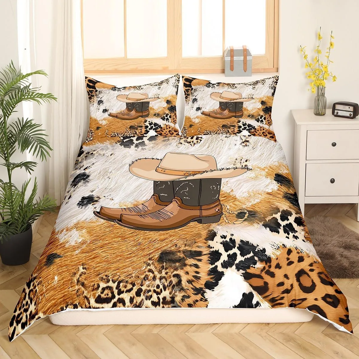 Feelyou Cowhide Duvet Cover Full, Western Cowboy Boots Bedding Set Leopard Print Comforter Cover Cowboy Bedspread Cover Microfiber Bed Set with 2 Pillow Case (No Comforter)