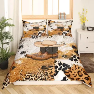 Feelyou Cowhide Duvet Cover Full, Western Cowboy Boots Bedding Set Leopard Print Comforter Cover Cowboy Bedspread Cover Microfiber Bed Set with 2 Pillow Case (No Comforter)
