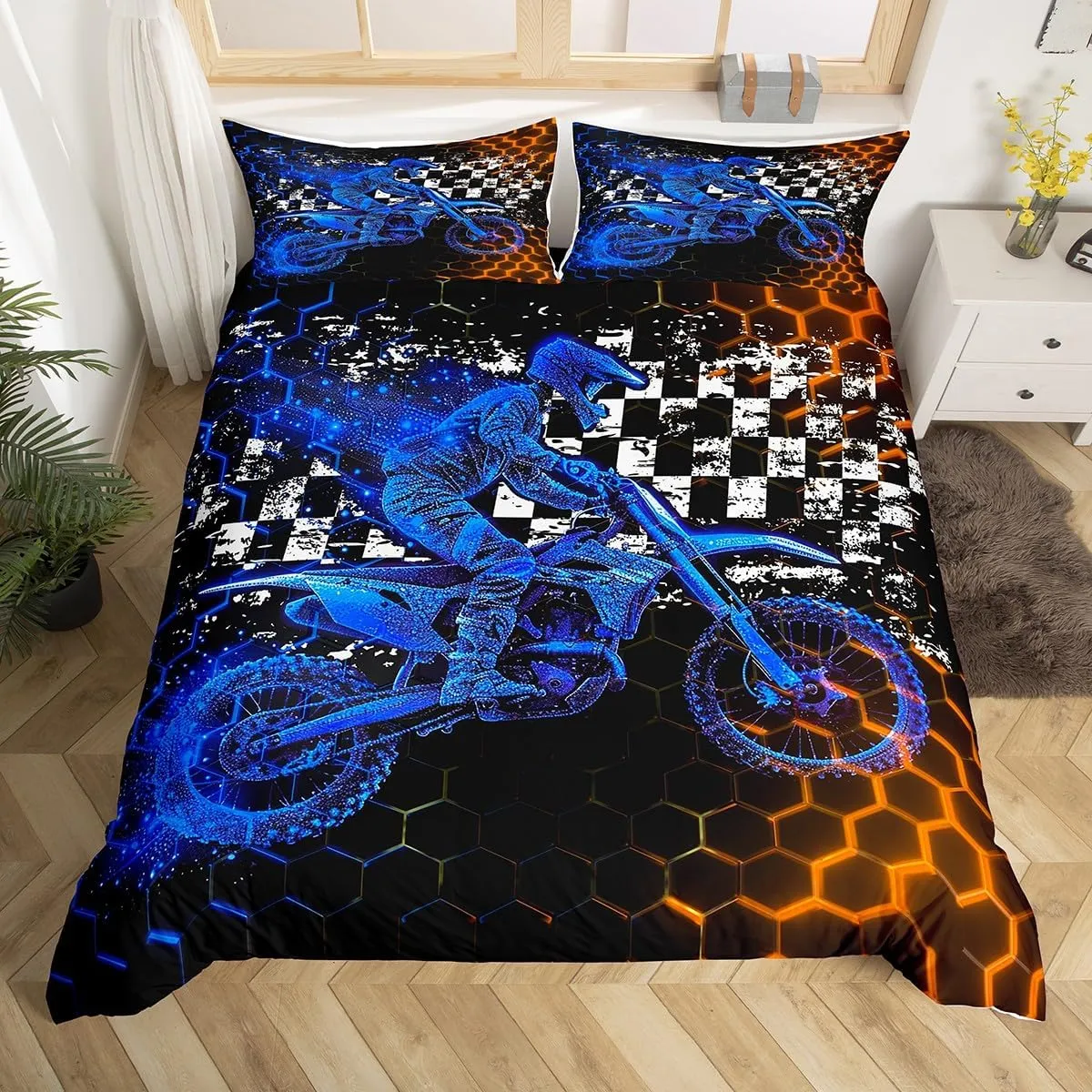 Feelyou Kids Dirt Bike Bedding Set Extreme Sports Duvet Cover Set for Kids Boys Girls Racing Motocross Comforter Cover Motorcycle Honeycomb Quilt Cover Bedroom Collection 3Pcs Queen,No Comforter