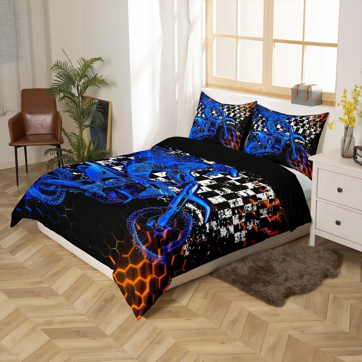 Feelyou Kids Dirt Bike Bedding Set Extreme Sports Duvet Cover Set for Kids Boys Girls Racing Motocross Comforter Cover Motorcycle Honeycomb Quilt Cover Bedroom Collection 3Pcs Queen,No Comforter