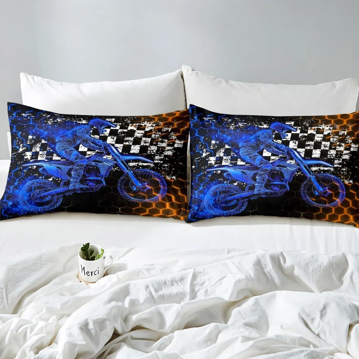 Feelyou Kids Dirt Bike Bedding Set Extreme Sports Duvet Cover Set for Kids Boys Girls Racing Motocross Comforter Cover Motorcycle Honeycomb Quilt Cover Bedroom Collection 3Pcs Queen,No Comforter
