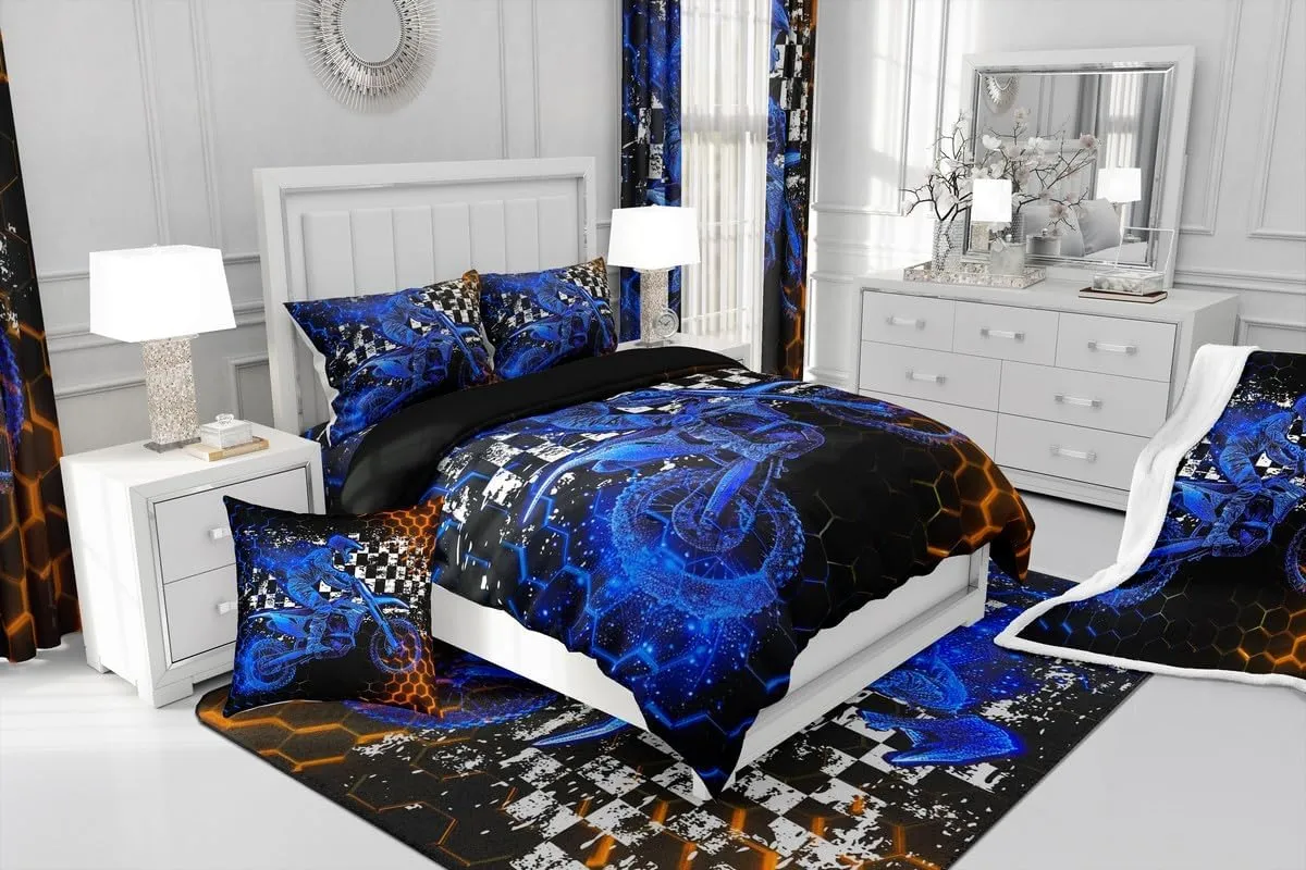 Feelyou Kids Dirt Bike Bedding Set Extreme Sports Duvet Cover Set for Kids Boys Girls Racing Motocross Comforter Cover Motorcycle Honeycomb Quilt Cover Bedroom Collection 3Pcs Queen,No Comforter