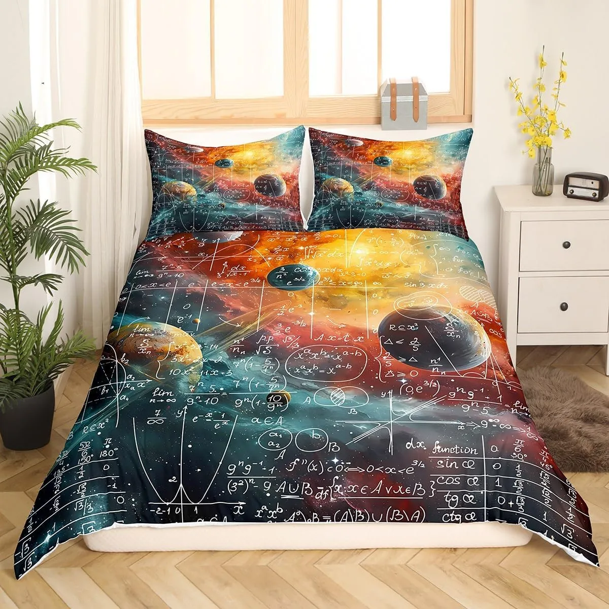 Feelyou Math Equation Bedding Set Full Size Kids Galaxy Solar System Comforter Cover Set for Boys Girls Teens Mathematics Formula Biology Duvet Cover Geometry Science Bedspread Cover Room Decor