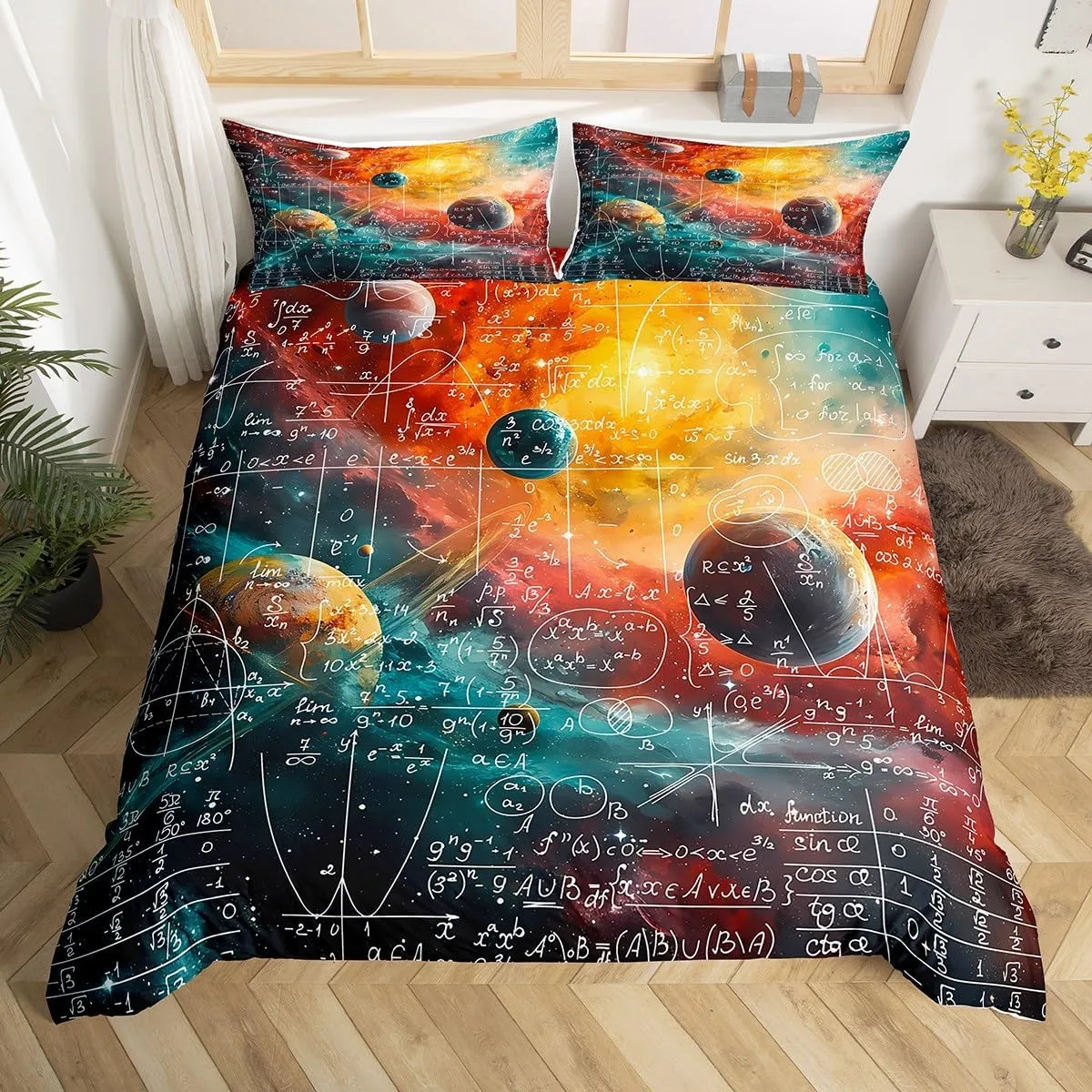Feelyou Math Equation Bedding Set Full Size Kids Galaxy Solar System Comforter Cover Set for Boys Girls Teens Mathematics Formula Biology Duvet Cover Geometry Science Bedspread Cover Room Decor