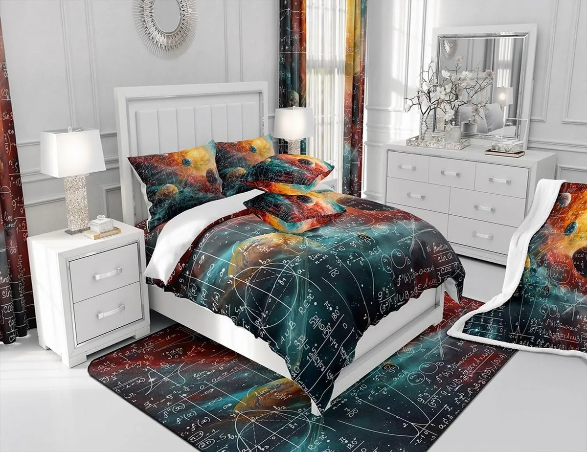 Feelyou Math Equation Bedding Set Full Size Kids Galaxy Solar System Comforter Cover Set for Boys Girls Teens Mathematics Formula Biology Duvet Cover Geometry Science Bedspread Cover Room Decor