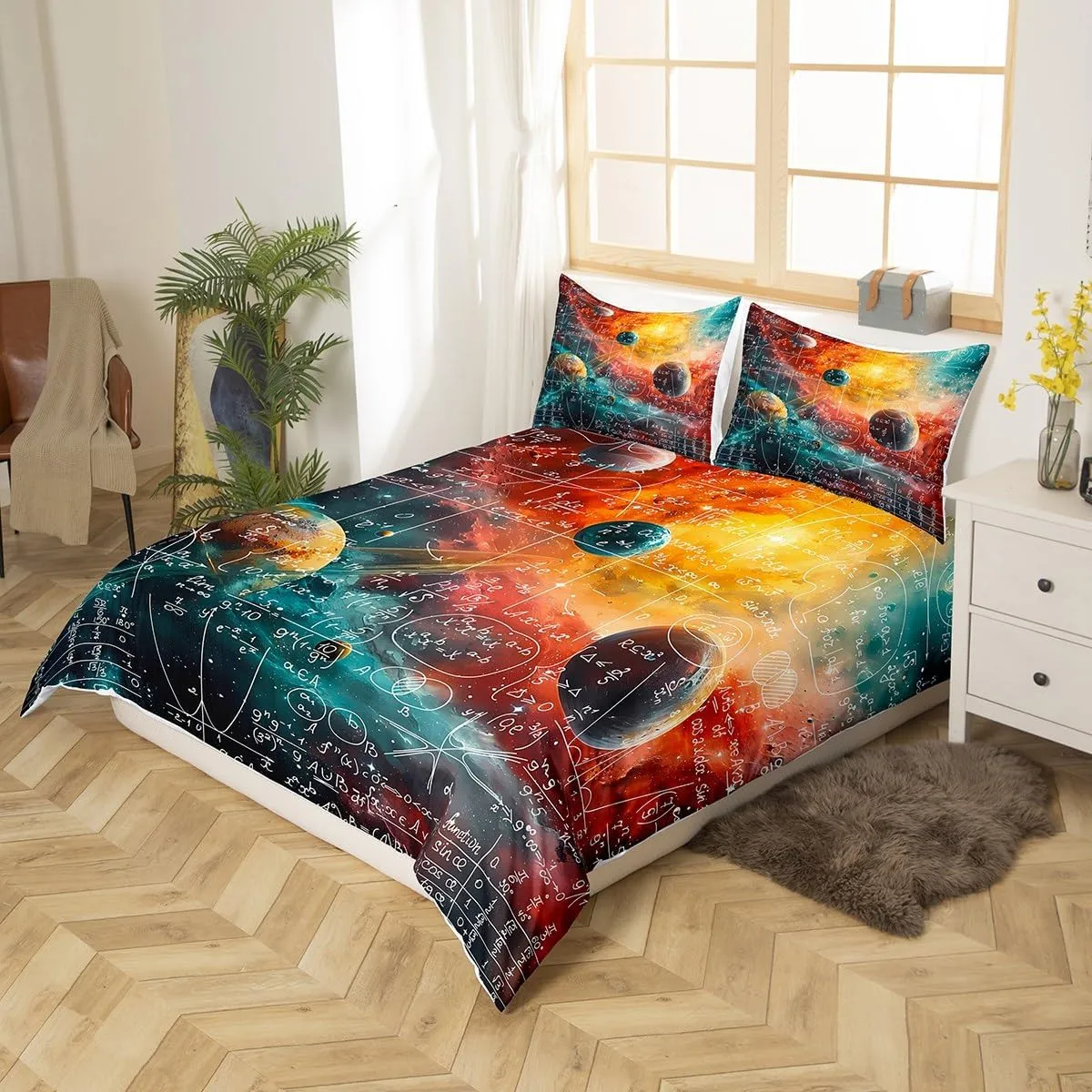 Feelyou Math Equation Bedding Set Full Size Kids Galaxy Solar System Comforter Cover Set for Boys Girls Teens Mathematics Formula Biology Duvet Cover Geometry Science Bedspread Cover Room Decor