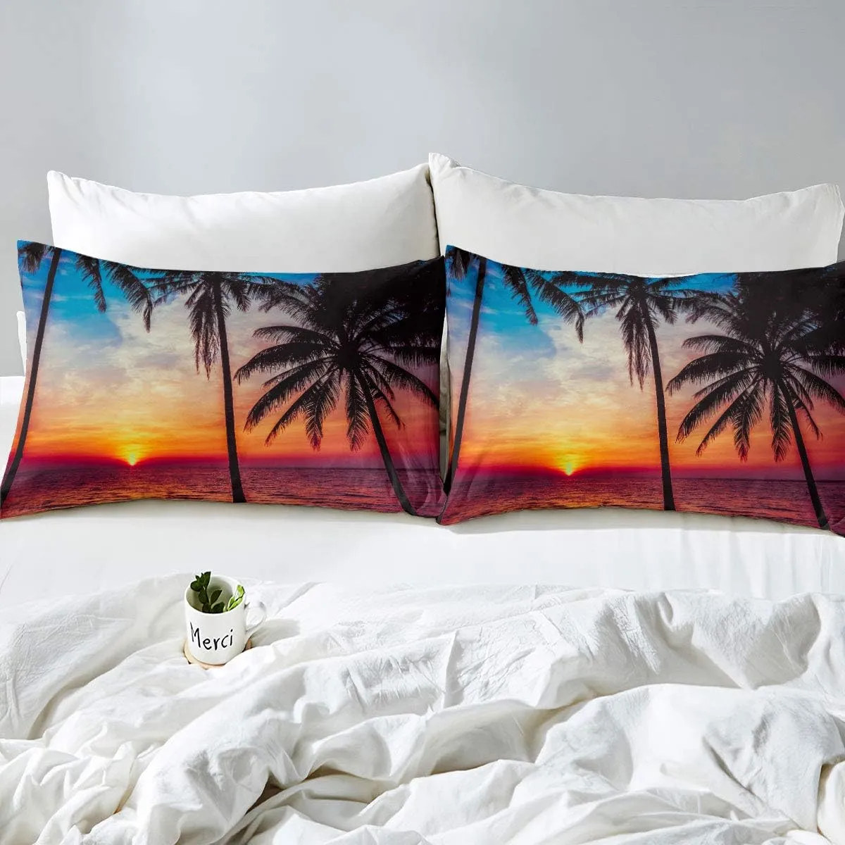 Feelyou Ocean Beach Themed Bedding Set Twin 2 Pcs,Tropical Sunset Beach with Palm Trees Comforter Cover,Peaceful Ocean Evening View Resort Bedspread Decorative 1 Duvet Cover and 1 Pillowcase