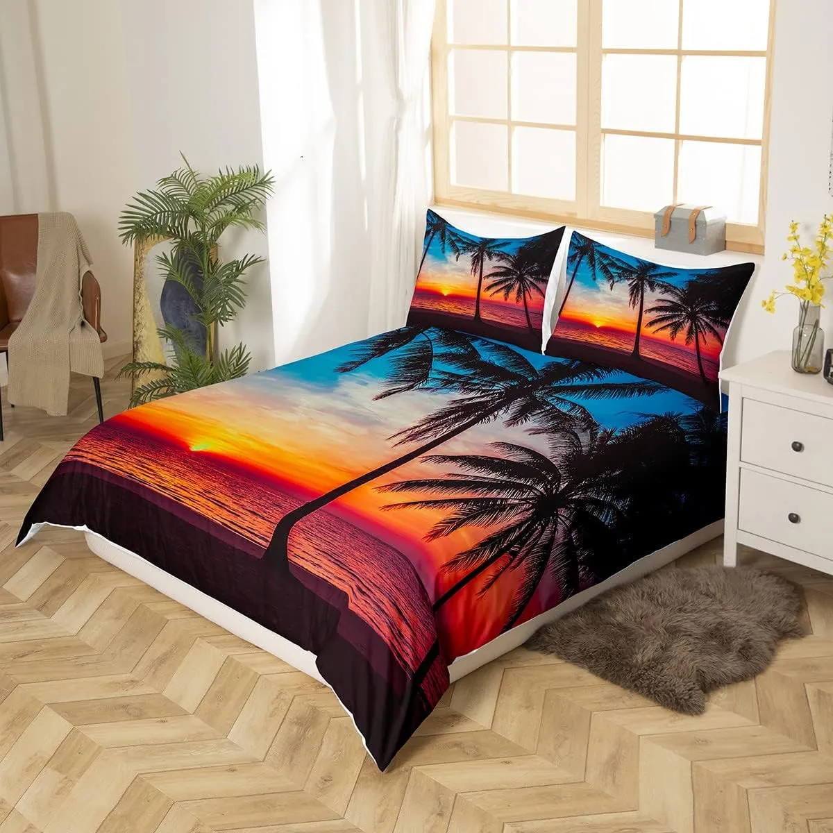Feelyou Ocean Beach Themed Bedding Set Twin 2 Pcs,Tropical Sunset Beach with Palm Trees Comforter Cover,Peaceful Ocean Evening View Resort Bedspread Decorative 1 Duvet Cover and 1 Pillowcase