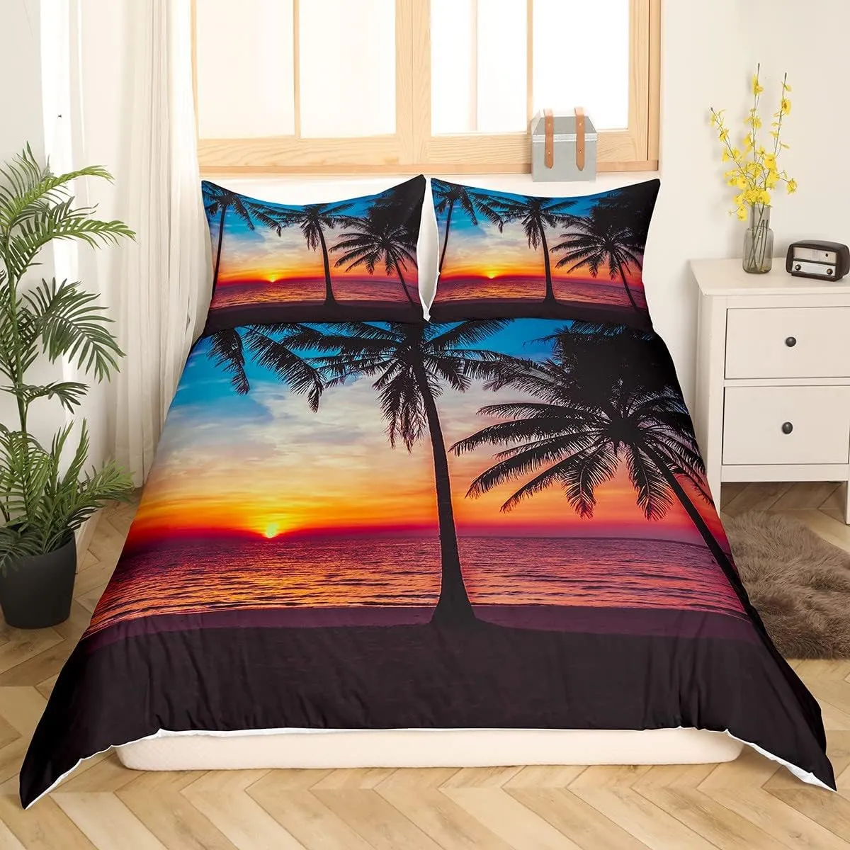 Feelyou Ocean Beach Themed Bedding Set Twin 2 Pcs,Tropical Sunset Beach with Palm Trees Comforter Cover,Peaceful Ocean Evening View Resort Bedspread Decorative 1 Duvet Cover and 1 Pillowcase