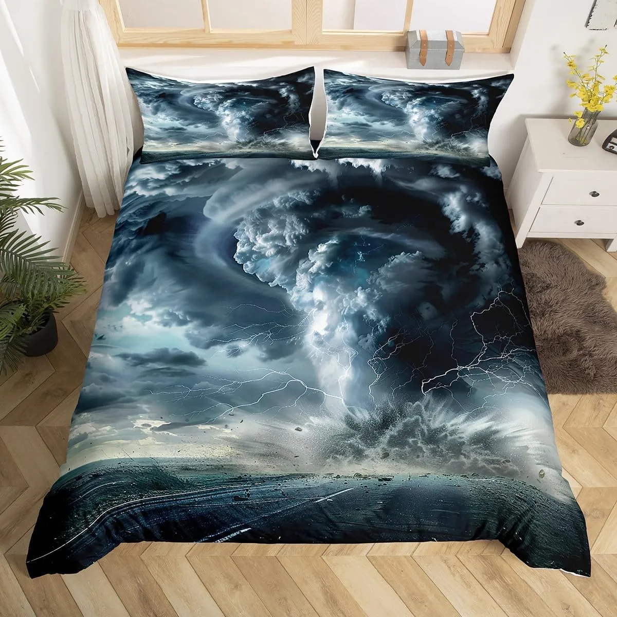 Feelyou Tornado Comforter Cover Twin Size Natural Disaster Theme Bedding Set Scary Hurricane Duvet Cover for Children Kids Boys Girls Microfiber Lightning Print Bedspread Cover Room Decor Bedclothes