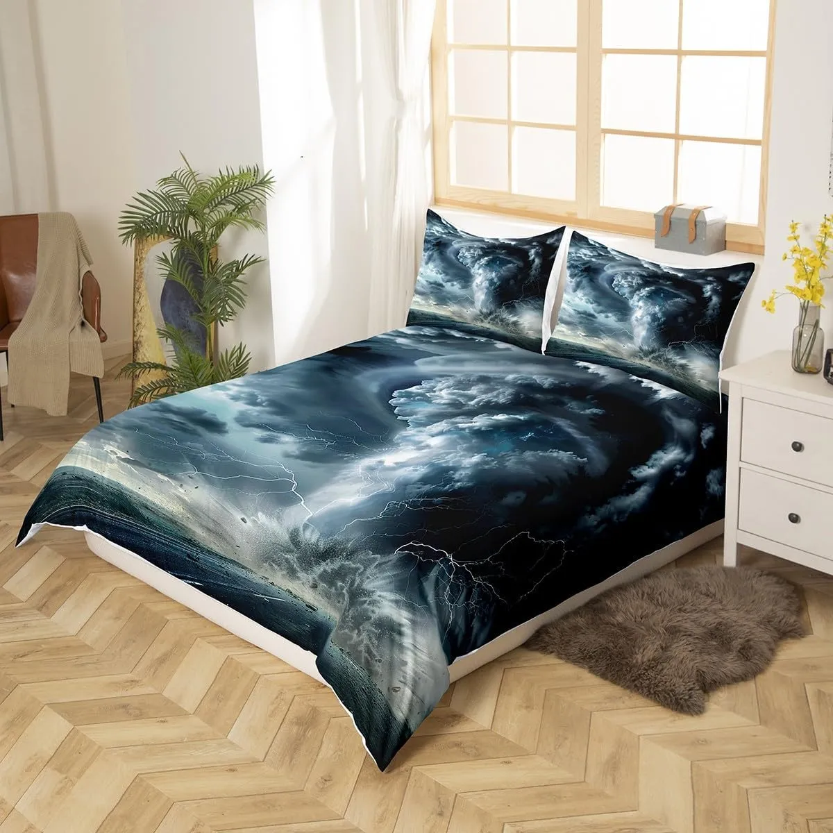 Feelyou Tornado Comforter Cover Twin Size Natural Disaster Theme Bedding Set Scary Hurricane Duvet Cover for Children Kids Boys Girls Microfiber Lightning Print Bedspread Cover Room Decor Bedclothes