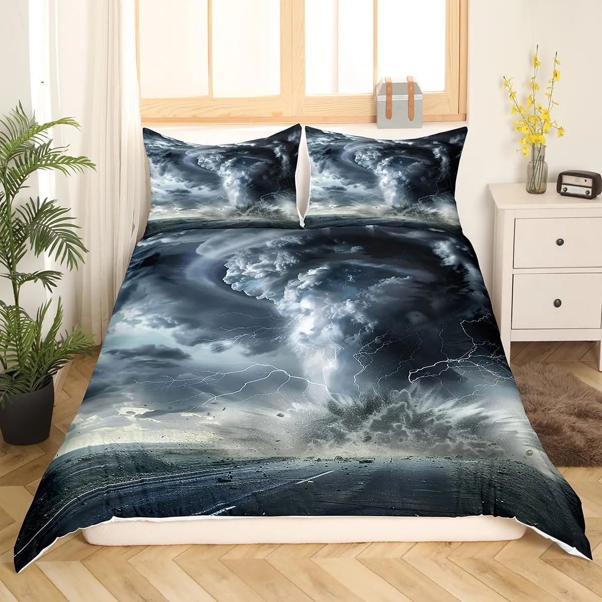 Feelyou Tornado Comforter Cover Twin Size Natural Disaster Theme Bedding Set Scary Hurricane Duvet Cover for Children Kids Boys Girls Microfiber Lightning Print Bedspread Cover Room Decor Bedclothes