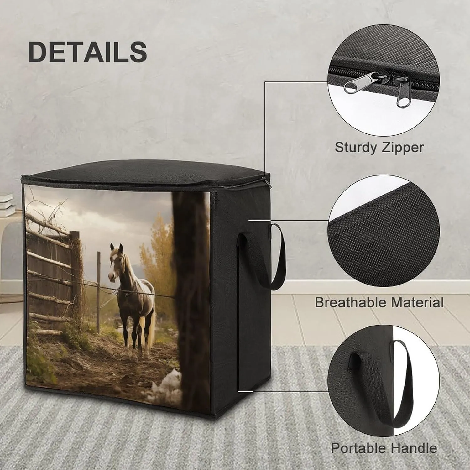 Fence And HorseStorage Bag Large Blanket Storage Bag Bedding Storage Container Quilt Storage Bag With Zipper for Easy Storage Of Clothes Pillows And Toys