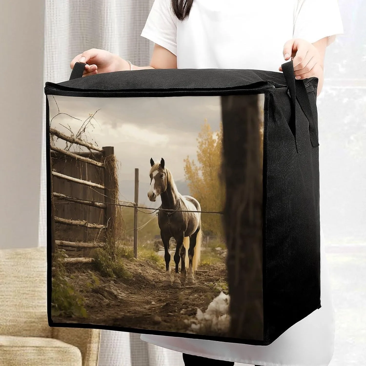 Fence And HorseStorage Bag Large Blanket Storage Bag Bedding Storage Container Quilt Storage Bag With Zipper for Easy Storage Of Clothes Pillows And Toys