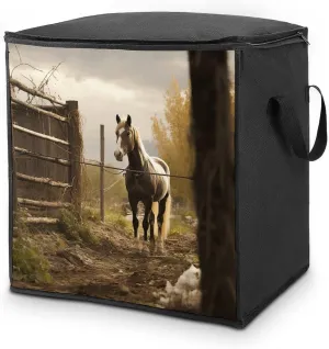 Fence And HorseStorage Bag Large Blanket Storage Bag Bedding Storage Container Quilt Storage Bag With Zipper for Easy Storage Of Clothes Pillows And Toys