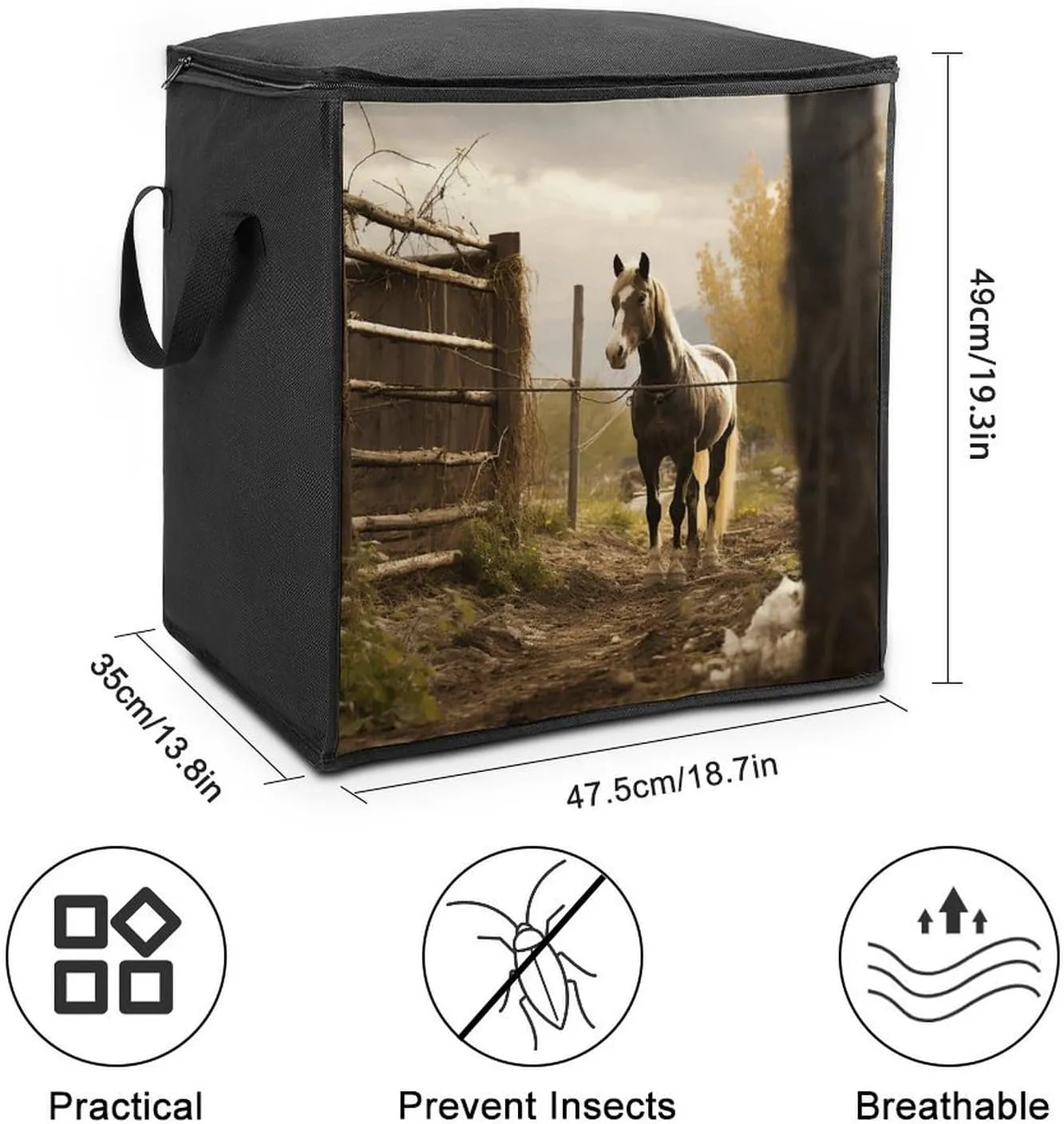 Fence And HorseStorage Bag Large Blanket Storage Bag Bedding Storage Container Quilt Storage Bag With Zipper for Easy Storage Of Clothes Pillows And Toys