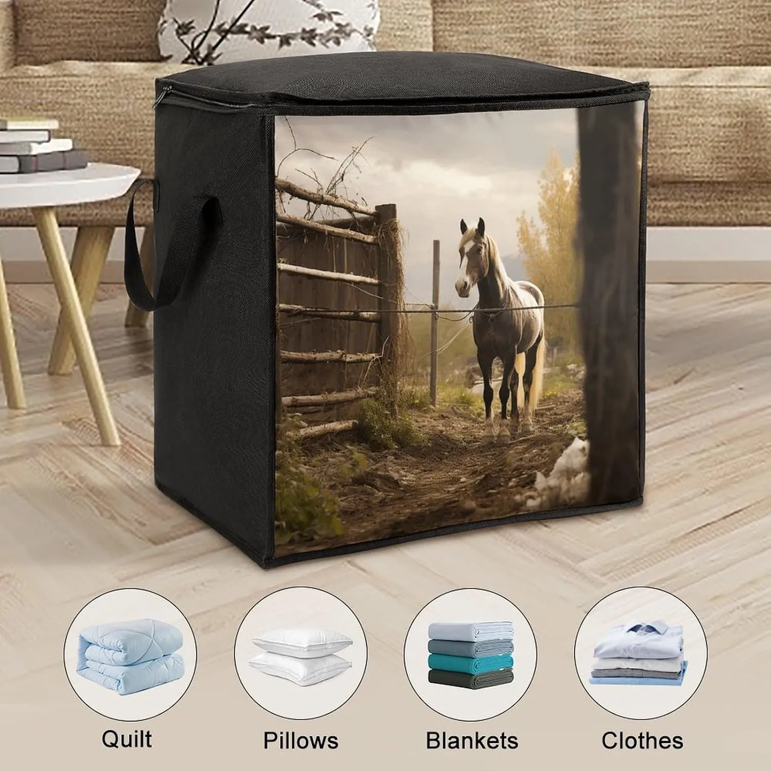 Fence And HorseStorage Bag Large Blanket Storage Bag Bedding Storage Container Quilt Storage Bag With Zipper for Easy Storage Of Clothes Pillows And Toys