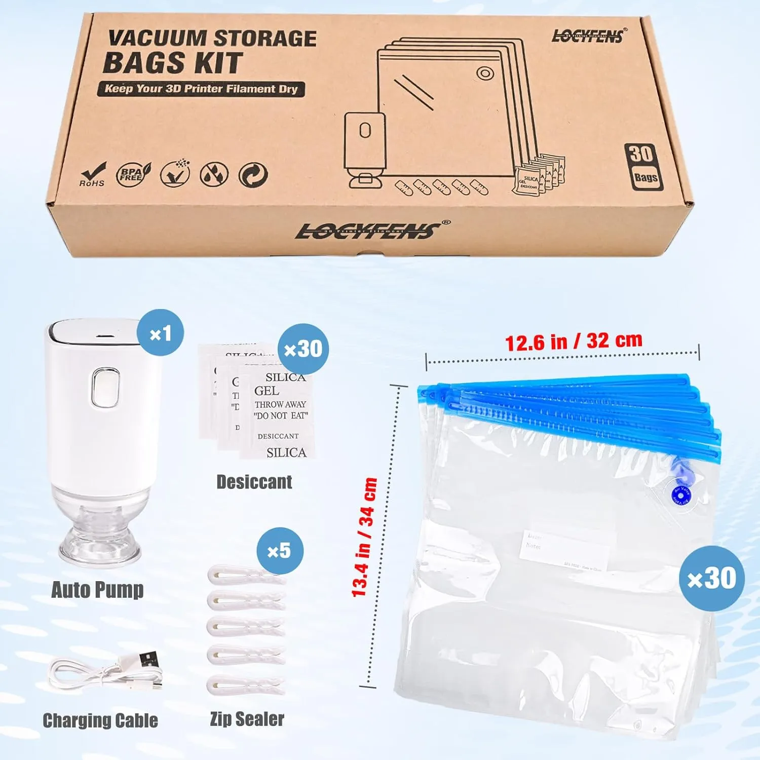 Filament Storage Bags Electric Pump Kit 30Pcs, Pro Size 13.4X12.6inch 3D Printer Filament Storage Bags Vacuum 30 Desiccants, Auto Pump,Perfect for 3D Filament Storage