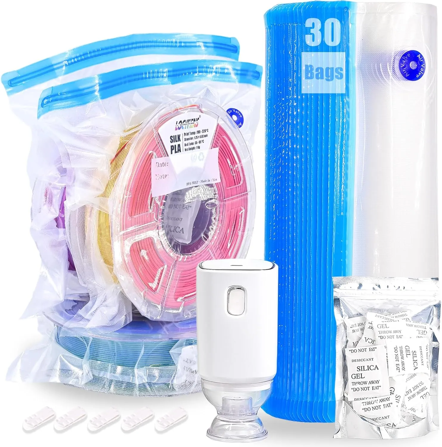 Filament Storage Bags Electric Pump Kit 30Pcs, Pro Size 13.4X12.6inch 3D Printer Filament Storage Bags Vacuum 30 Desiccants, Auto Pump,Perfect for 3D Filament Storage