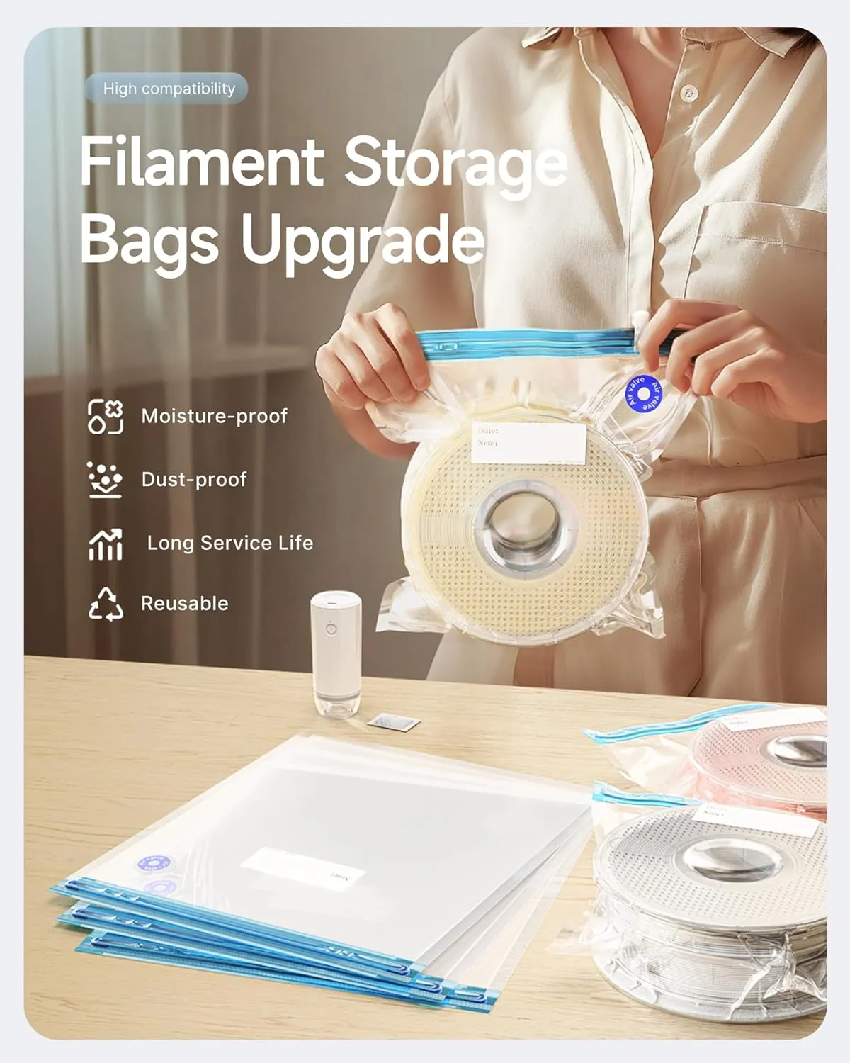 Filament Storage Bags with Upgrade Auto Pump, 20 Filament Vacuum Storage Bags(11.81 * 13.38 in) Plus 20 Desiccants and 5 Clips, Keeping Spool Clean and Dry