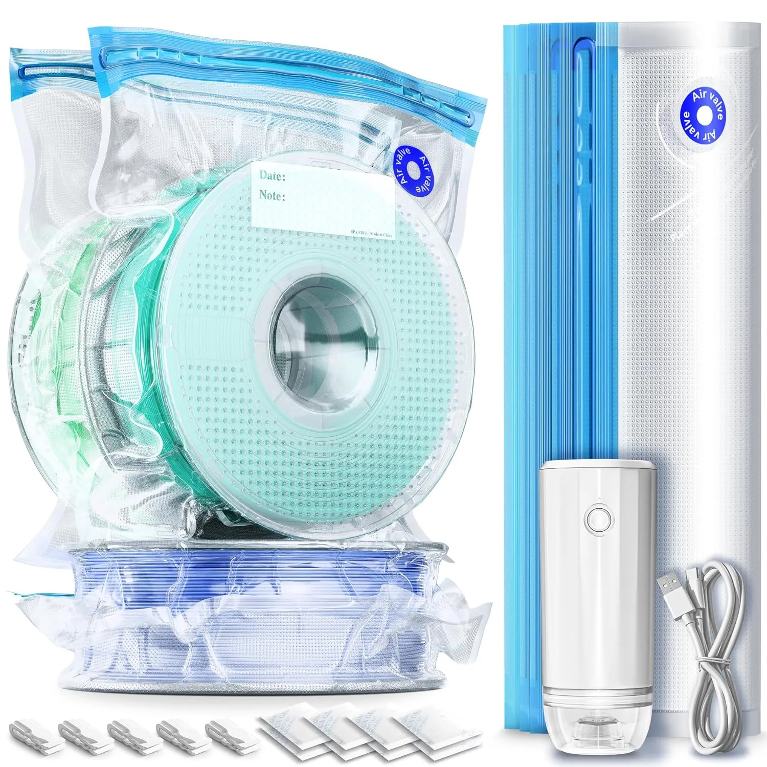 Filament Storage Bags with Upgrade Auto Pump, 20 Filament Vacuum Storage Bags(11.81 * 13.38 in) Plus 20 Desiccants and 5 Clips, Keeping Spool Clean and Dry