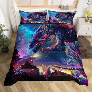 Fire Dragon Comforter Cover Magical Dinosaur Bedding Set Jungle Animals Pattern Duvet Cover for Children Kids Boys Microfiber Wildlife Style Bedspread Cover Room Decor Bedclothes King Size