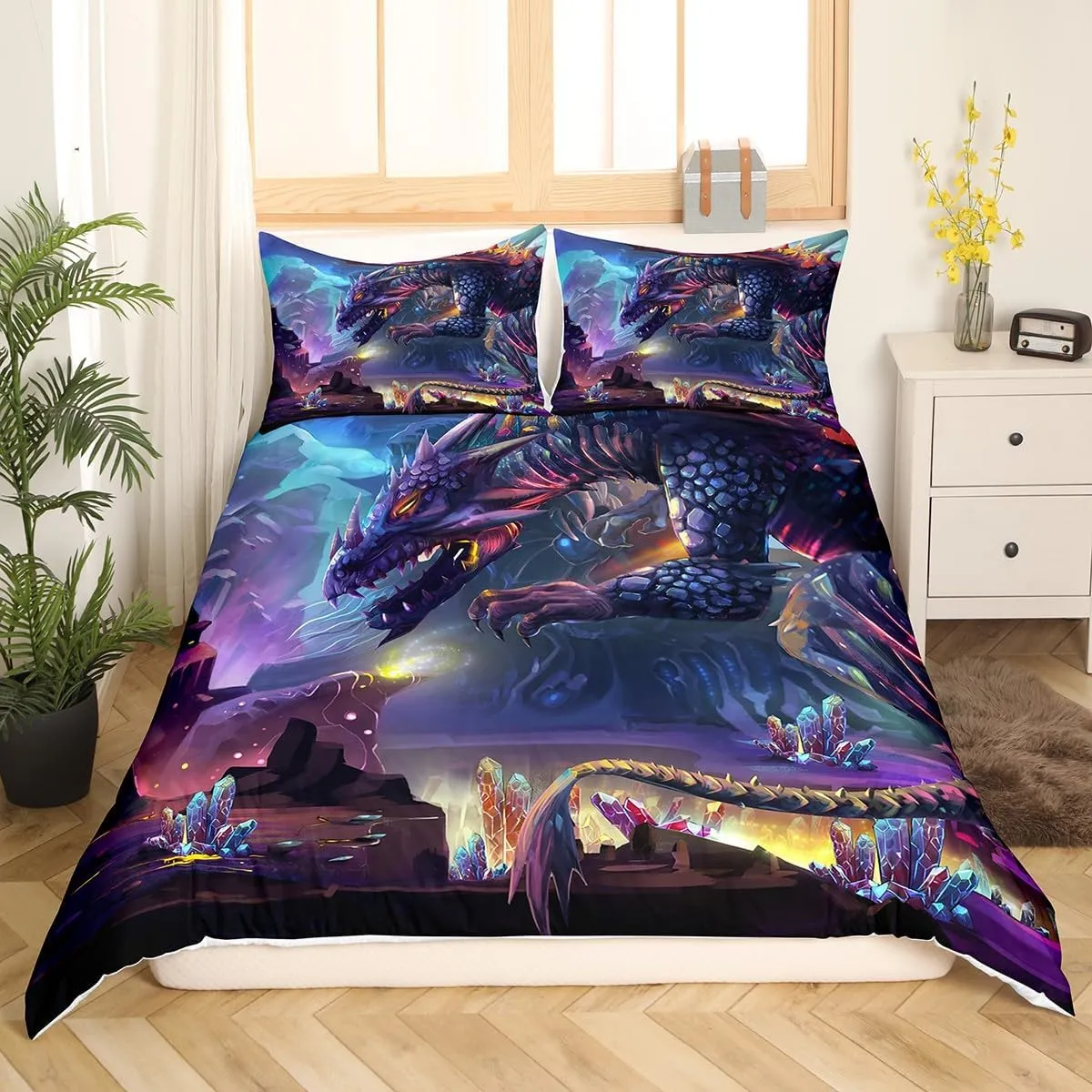 Fire Dragon Comforter Cover Magical Dinosaur Bedding Set Jungle Animals Pattern Duvet Cover for Children Kids Boys Microfiber Wildlife Style Bedspread Cover Room Decor Bedclothes King Size