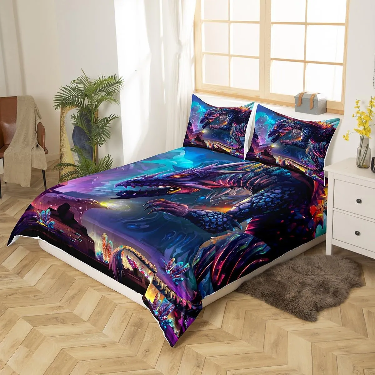 Fire Dragon Comforter Cover Magical Dinosaur Bedding Set Jungle Animals Pattern Duvet Cover for Children Kids Boys Microfiber Wildlife Style Bedspread Cover Room Decor Bedclothes King Size