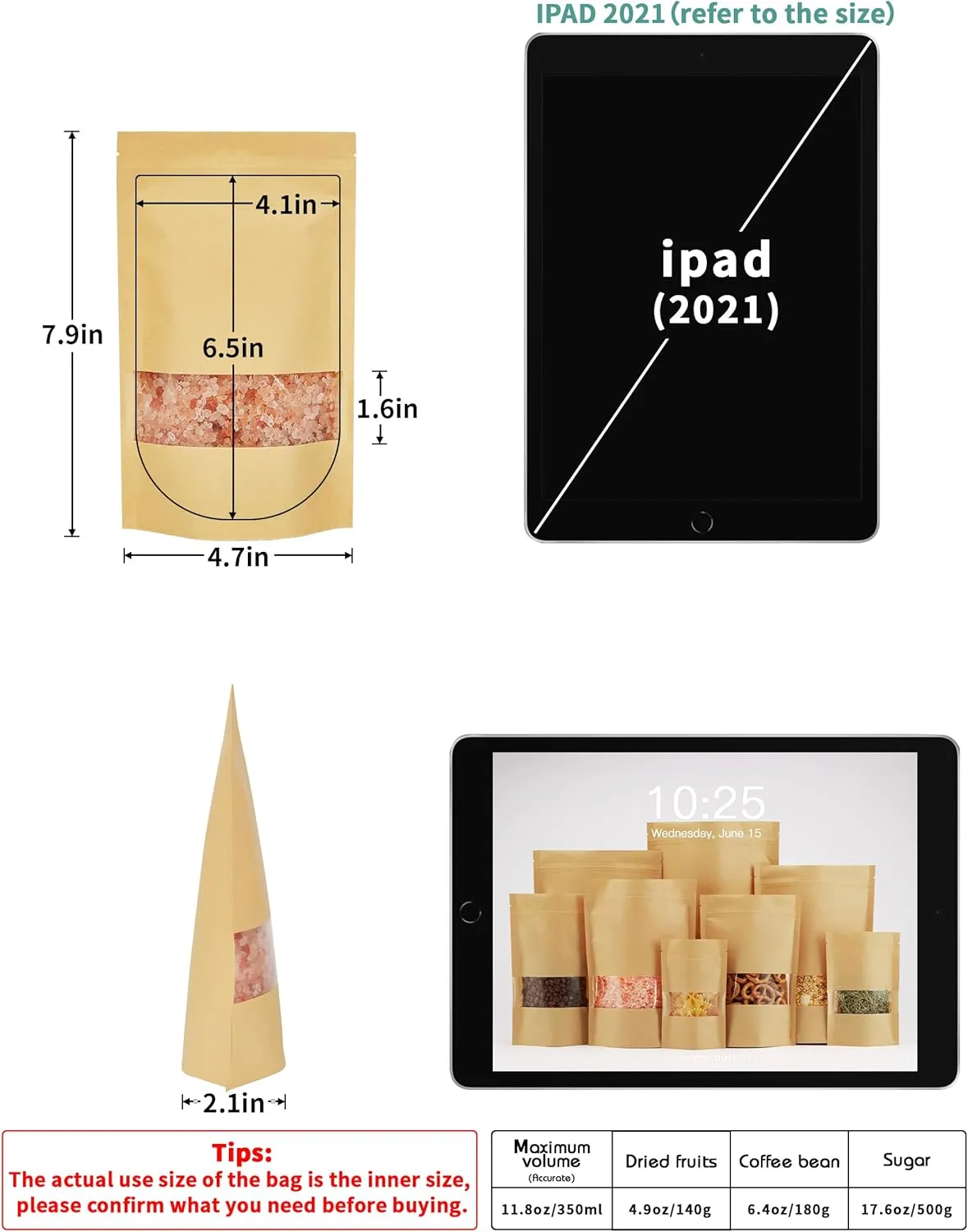 FireKylin 100 Pcs Kraft Paper Bags with Window, 4.7" x 7.9" Stand Up Pouches, Zip Lock Food Storage Bags for Packaging Products, Reusable, Sealable