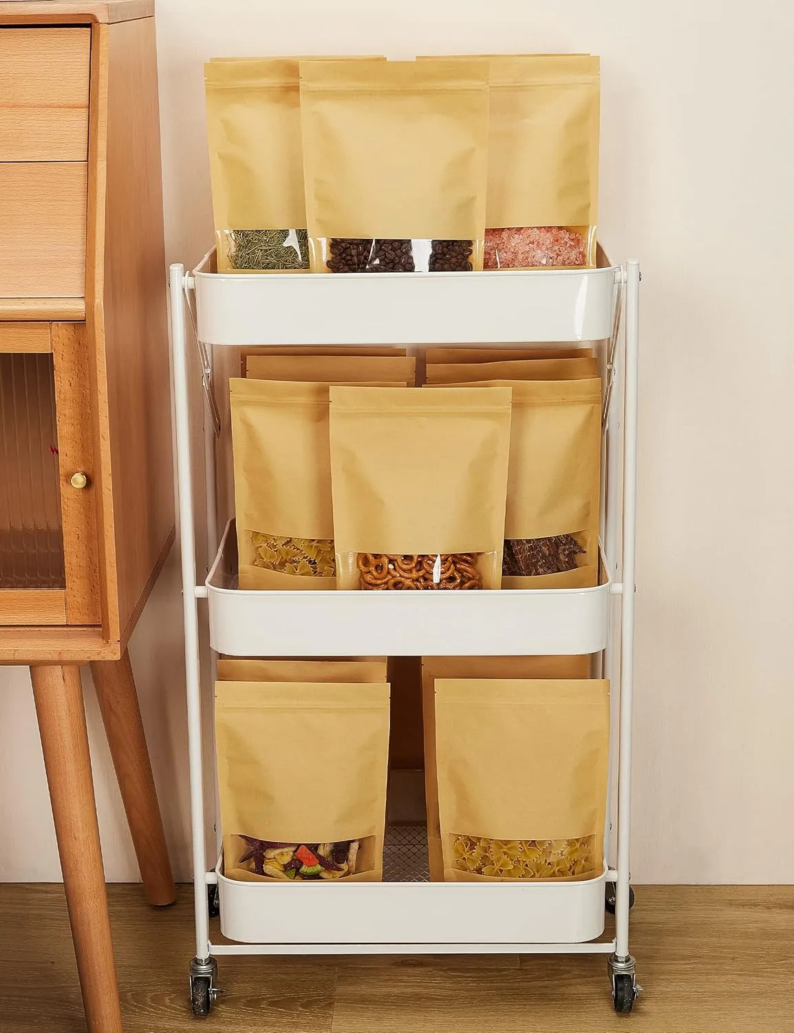 FireKylin 100 Pcs Kraft Paper Bags with Window, 4.7" x 7.9" Stand Up Pouches, Zip Lock Food Storage Bags for Packaging Products, Reusable, Sealable