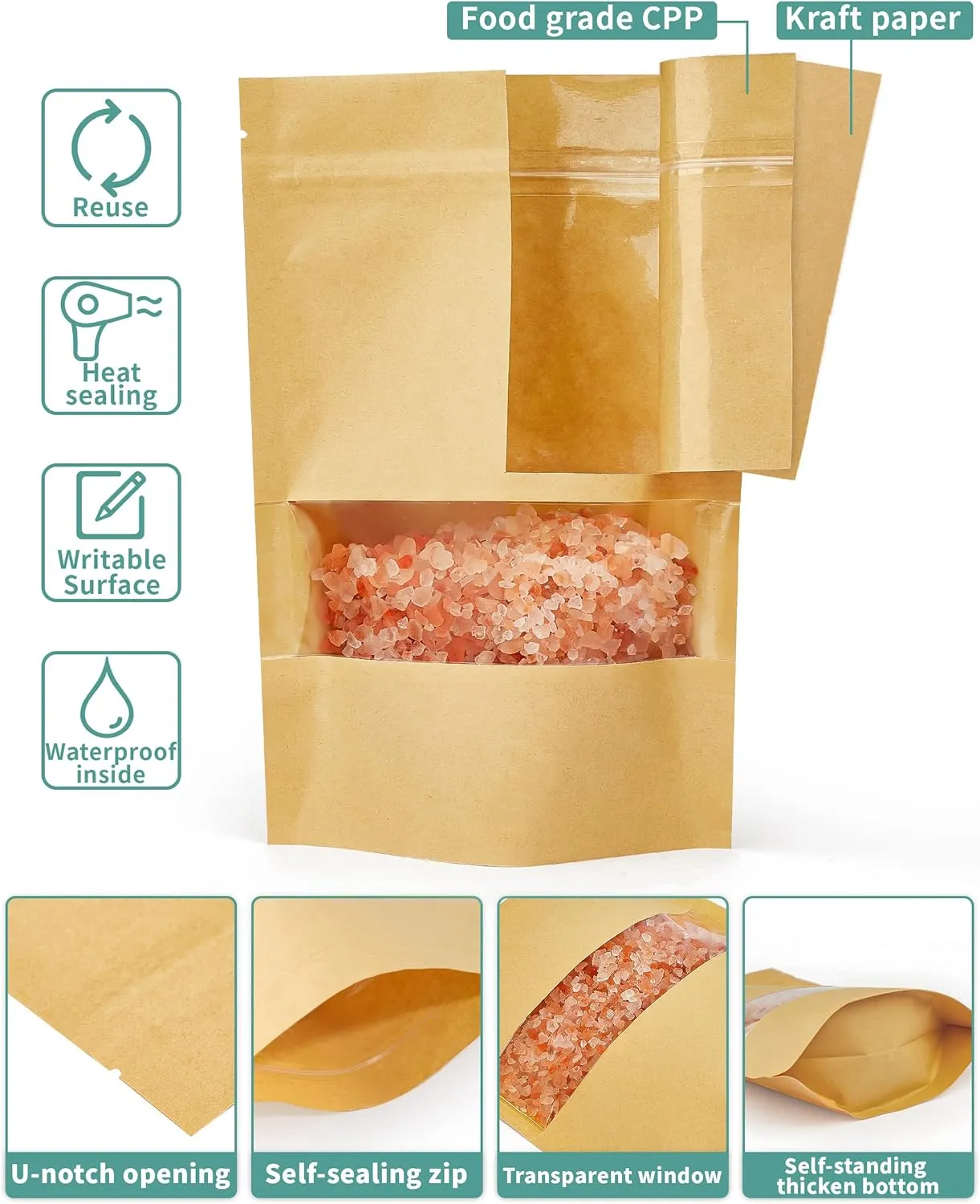FireKylin 100 Pcs Kraft Paper Bags with Window, 4.7" x 7.9" Stand Up Pouches, Zip Lock Food Storage Bags for Packaging Products, Reusable, Sealable