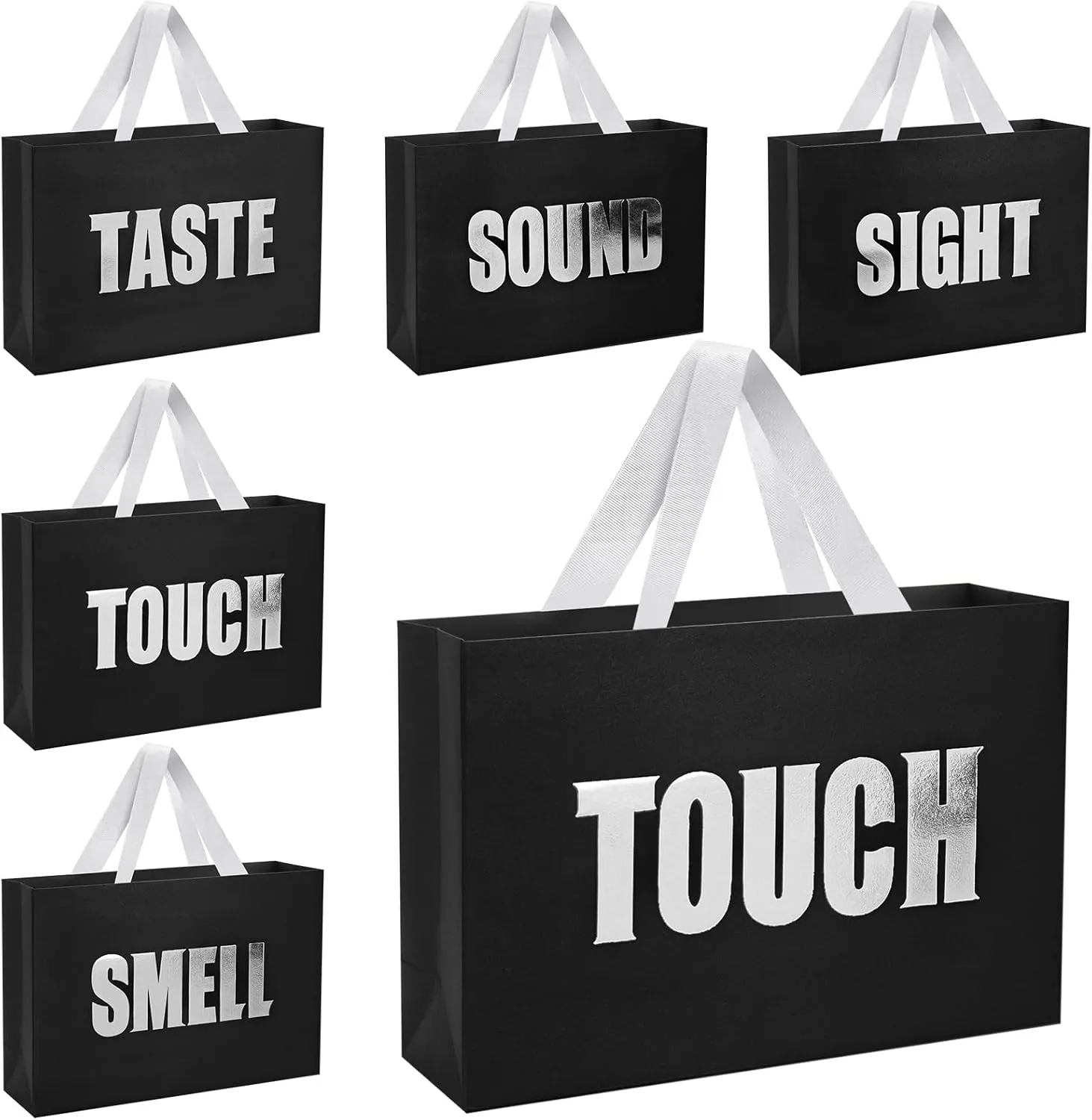 Five Senses Gift Bags for Him,12.6" Birthday Gift Bag with Ribbon Handles,5 Senses Black Bags with Silvery Word,for Birthday,Wedding,Anniversary,Valentine's Day, Party