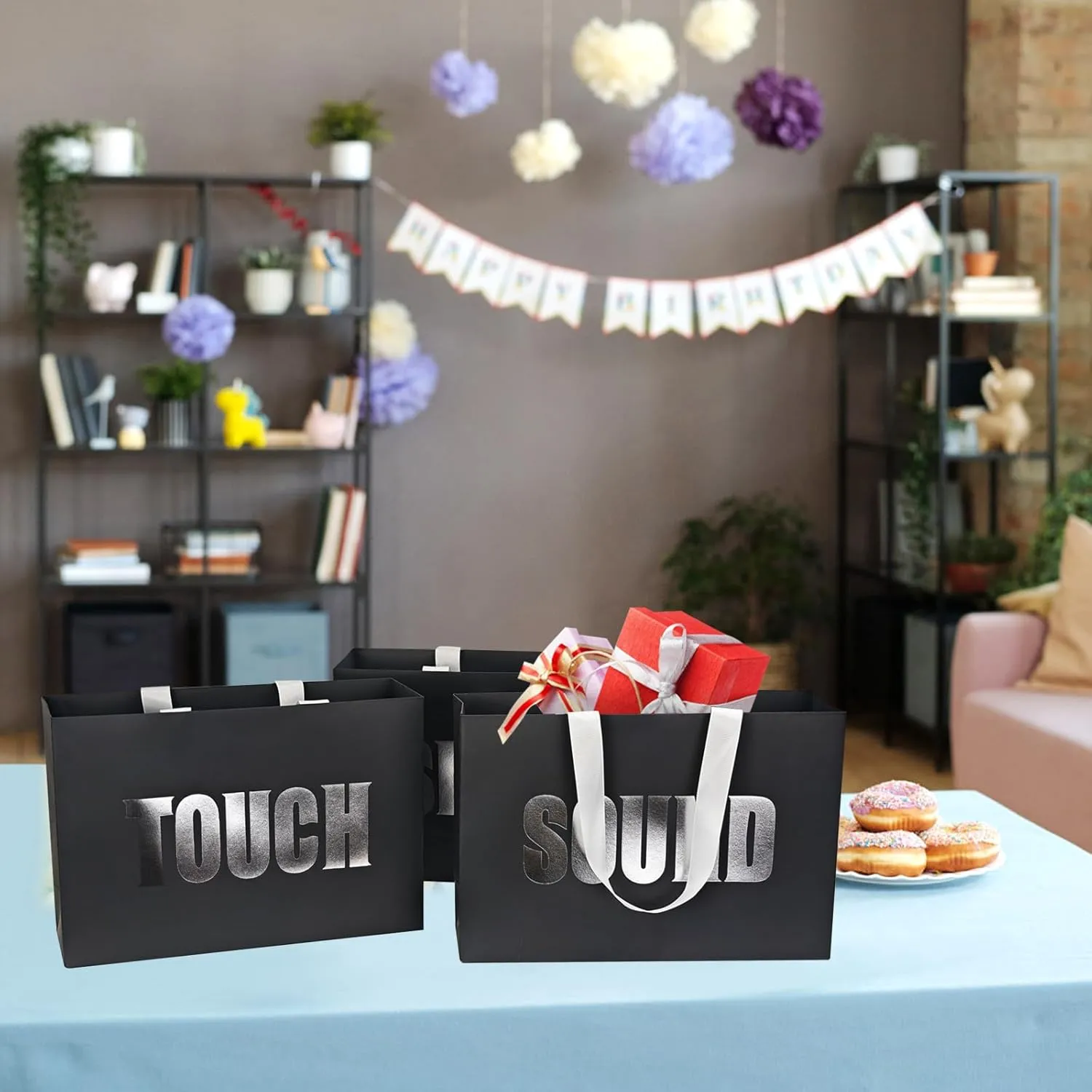 Five Senses Gift Bags for Him,12.6" Birthday Gift Bag with Ribbon Handles,5 Senses Black Bags with Silvery Word,for Birthday,Wedding,Anniversary,Valentine's Day, Party
