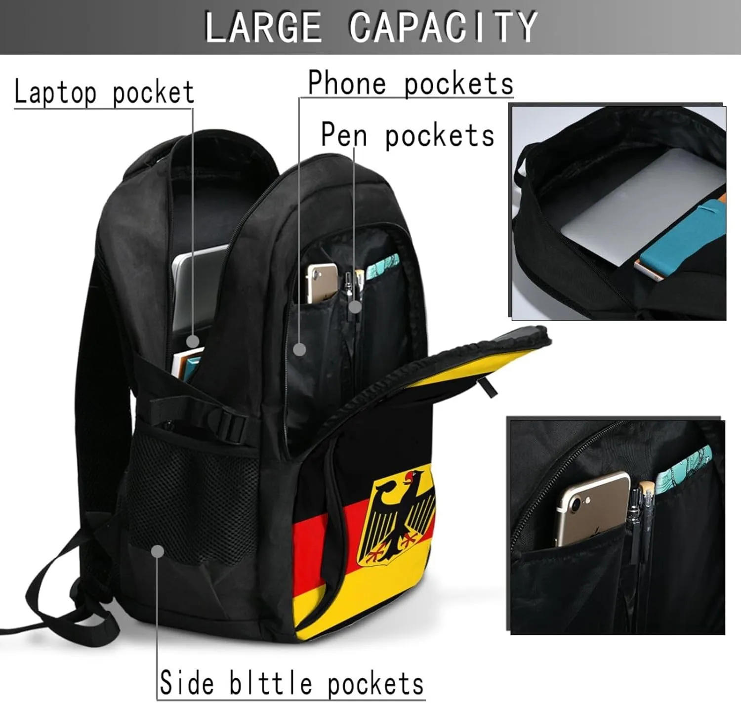 Flag German Coat of Arms Travel Backpacks Casual Backpack Large Capacity Laptop Rucksack Luggage Daypacks with USB Charging Port Multi-Pockets Bags for Hiking