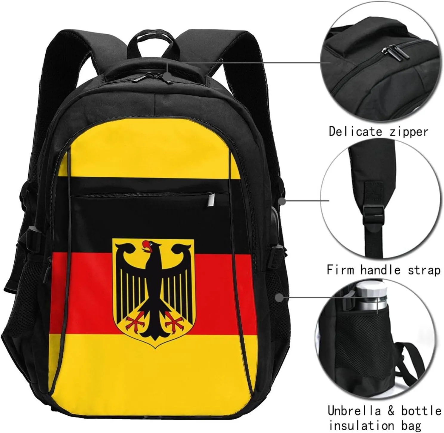 Flag German Coat of Arms Travel Backpacks Casual Backpack Large Capacity Laptop Rucksack Luggage Daypacks with USB Charging Port Multi-Pockets Bags for Hiking