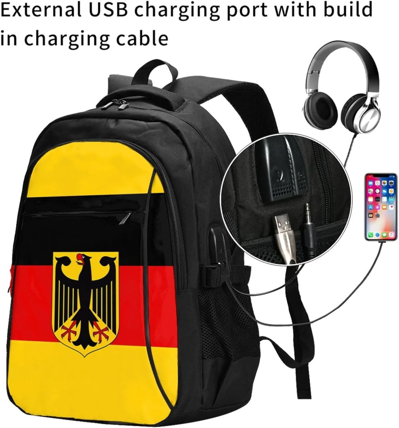 Flag German Coat of Arms Travel Backpacks Casual Backpack Large Capacity Laptop Rucksack Luggage Daypacks with USB Charging Port Multi-Pockets Bags for Hiking