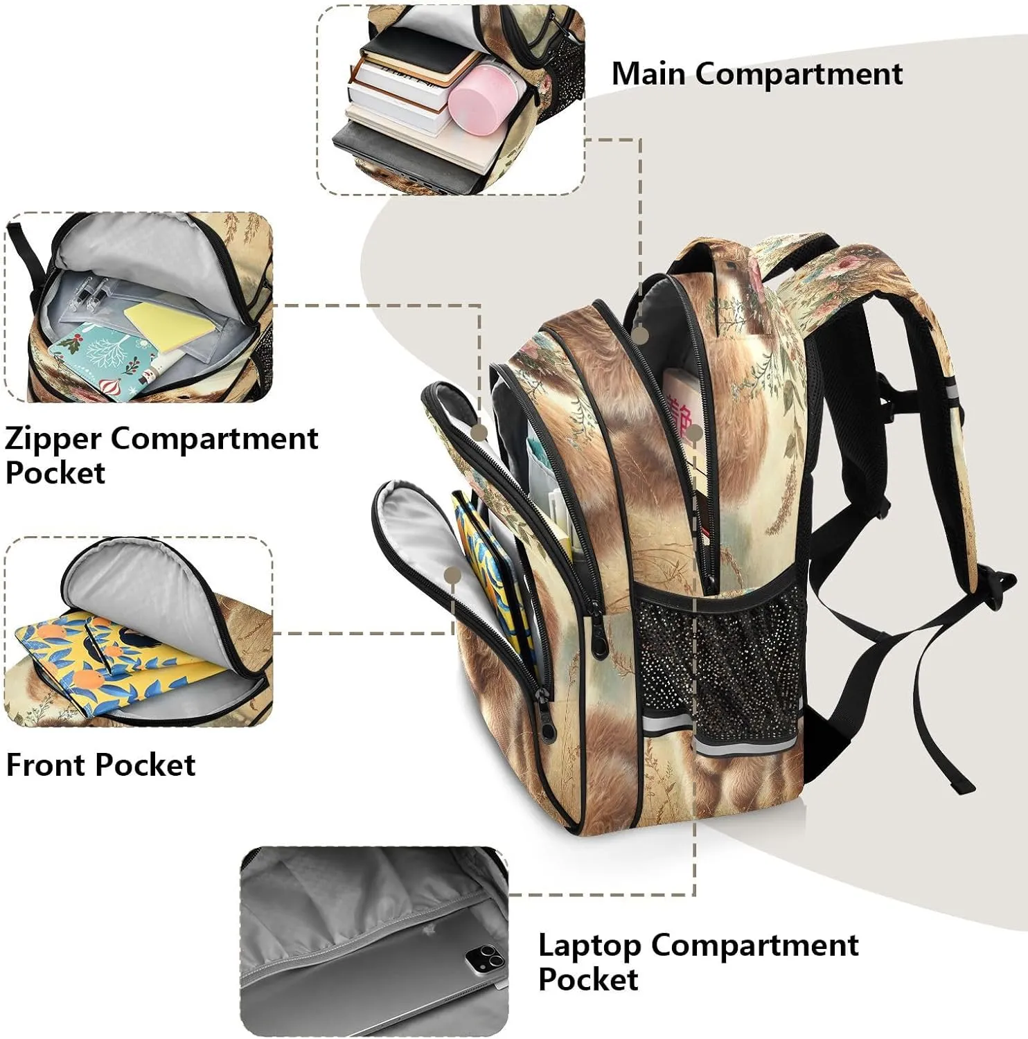 Floral Highland Calf Kids Backpack for School Boys Girls Bookbag Lightweight Primary Middle School Daypack Elementary for Kindergarten Nursery Travel S