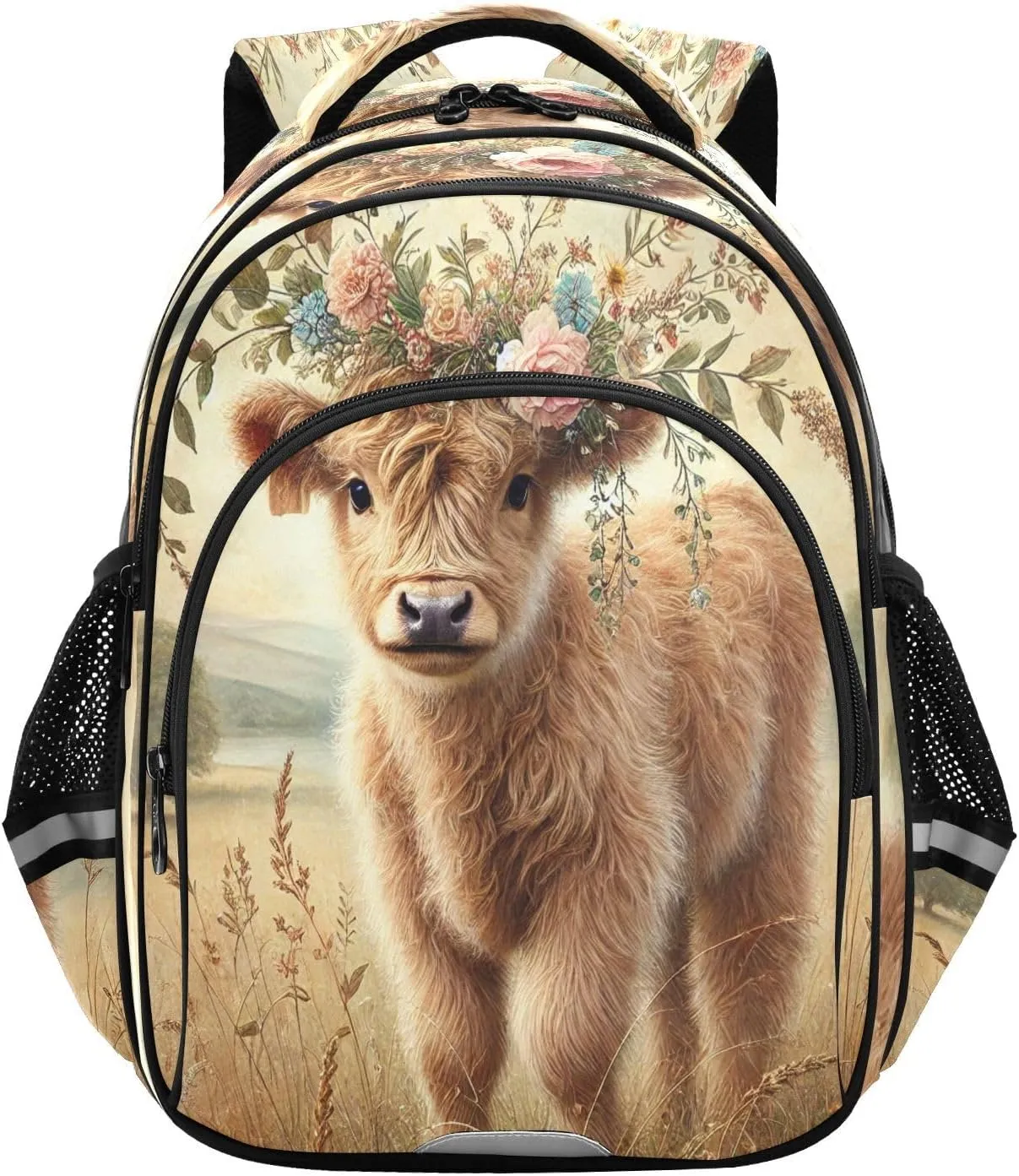 Floral Highland Calf Kids Backpack for School Boys Girls Bookbag Lightweight Primary Middle School Daypack Elementary for Kindergarten Nursery Travel S