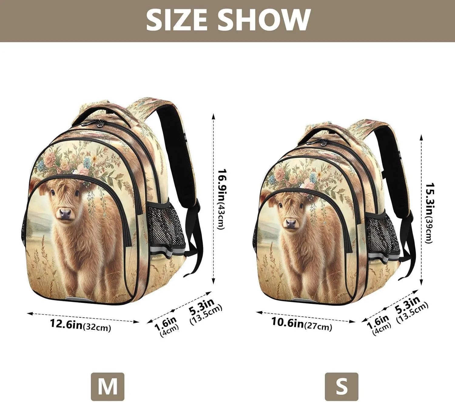 Floral Highland Calf Kids Backpack for School Boys Girls Bookbag Lightweight Primary Middle School Daypack Elementary for Kindergarten Nursery Travel S