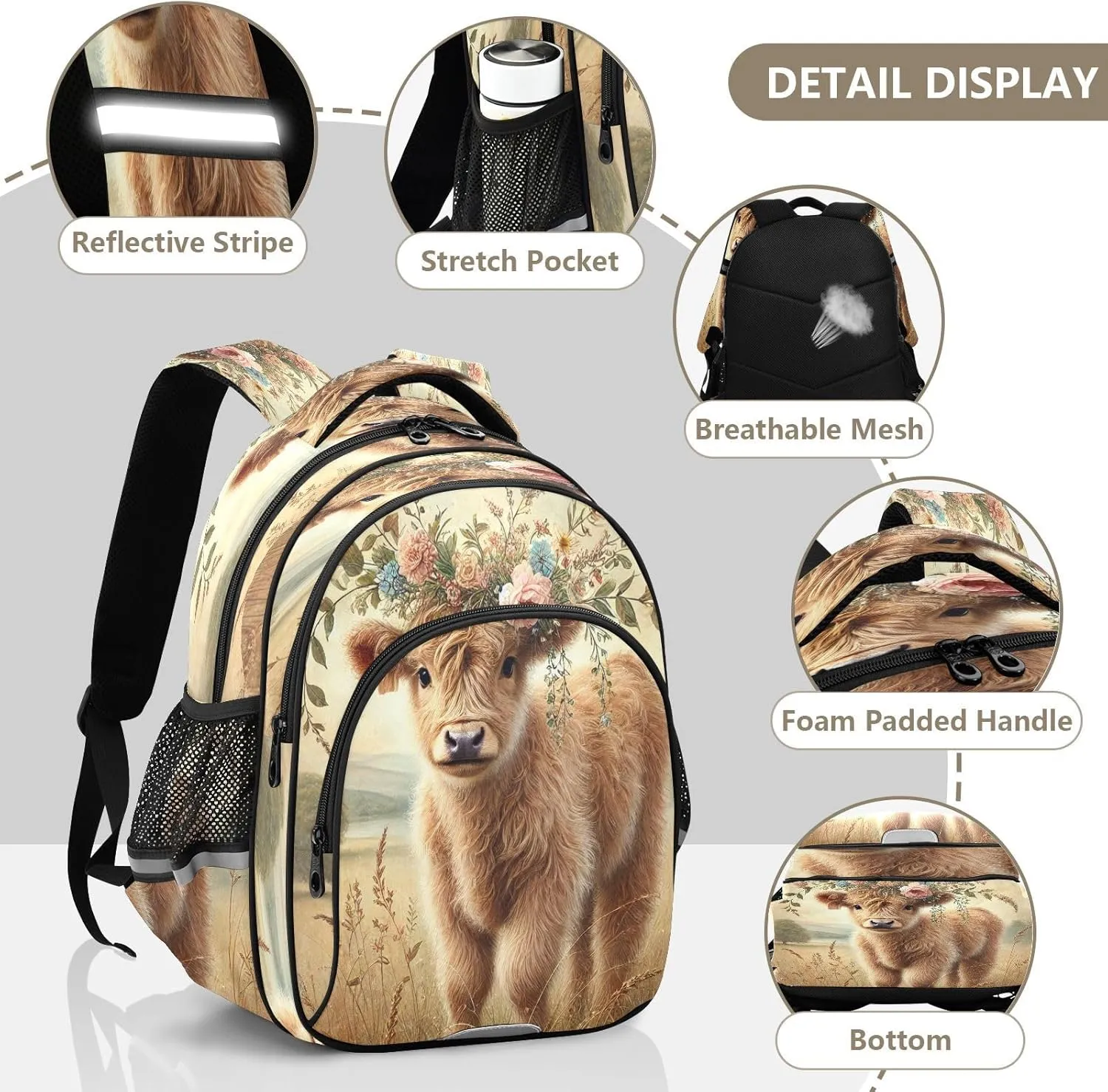 Floral Highland Calf Kids Backpack for School Boys Girls Bookbag Lightweight Primary Middle School Daypack Elementary for Kindergarten Nursery Travel S