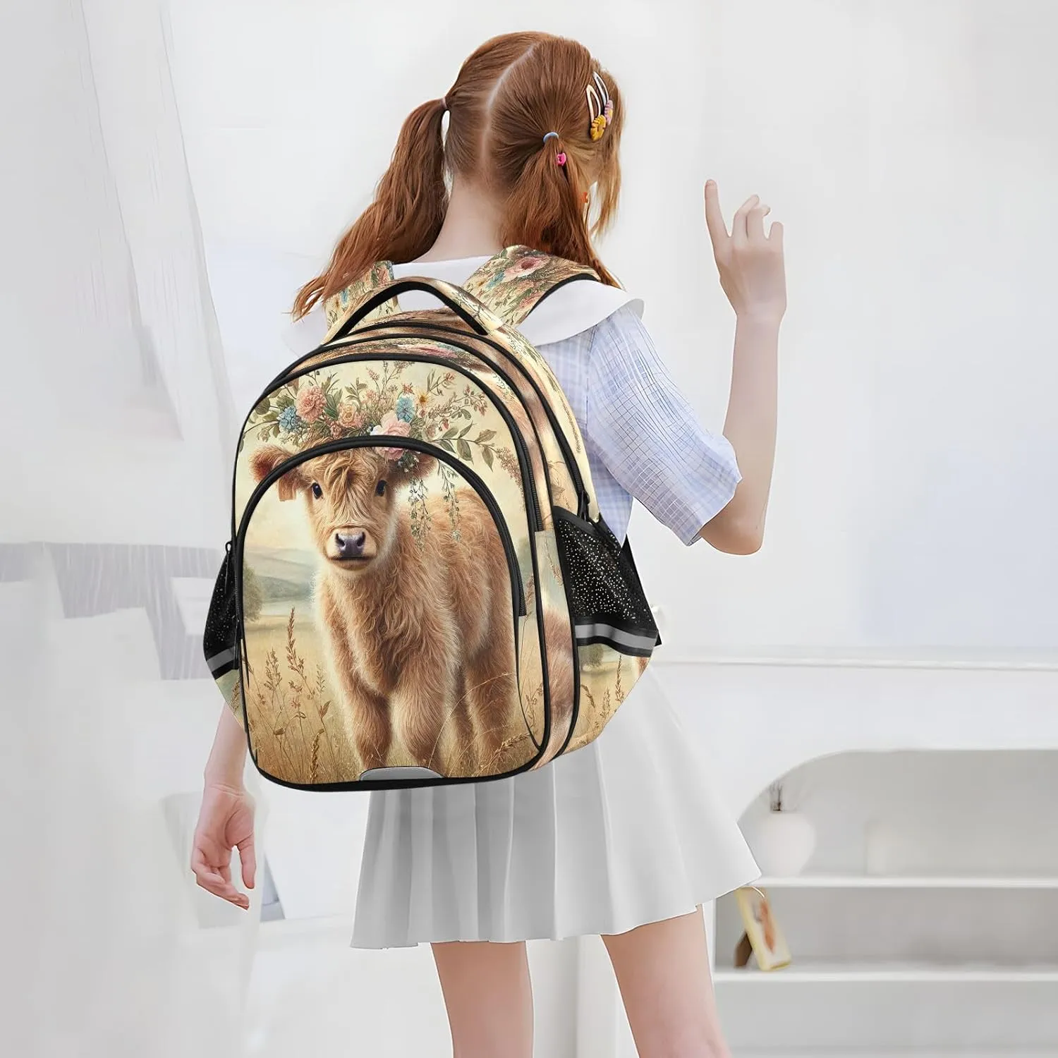 Floral Highland Calf Kids Backpack for School Boys Girls Bookbag Lightweight Primary Middle School Daypack Elementary for Kindergarten Nursery Travel S