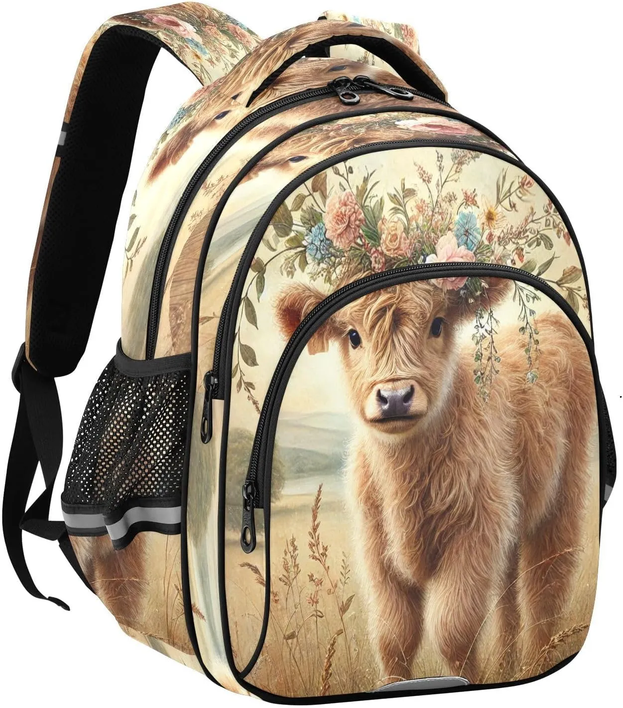 Floral Highland Calf Kids Backpack for School Boys Girls Bookbag Lightweight Primary Middle School Daypack Elementary for Kindergarten Nursery Travel S