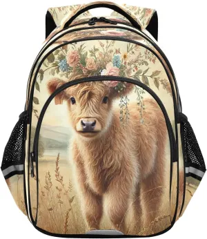 Floral Highland Calf Kids Backpack for School Boys Girls Bookbag Lightweight Primary Middle School Daypack Elementary for Kindergarten Nursery Travel S